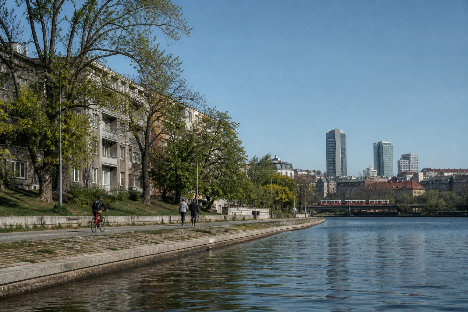 Cesta podél Vltavy s cyklistou, chodci a panoramatem Pankráce